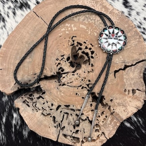 1950s Native American ZUNI Sterling Silver Multi-Stone Inlay Sunface Bolo Tie