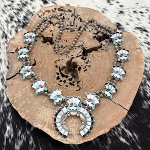 1950s Native American ZUNI Sterling Multi-Stone Sunface Station Necklace Naja