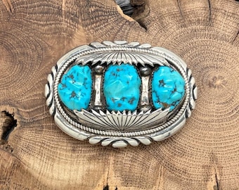 1970s ROBERT & BERNICE LEEKYA Zuni Sterling Silver Turquoise 3-Stone Belt Buckle