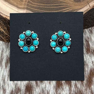 FEDERICO JIMENEZ Sterling Silver Turquoise & Onyx Cluster Flower Post Earrings