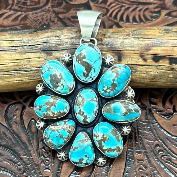 BOBBY JOHNSON Navajo Sterling & Dark Lone Mountain Turquoise Cluster Pendant