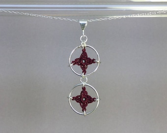 Spangles, maroon silk necklace, sterling silver