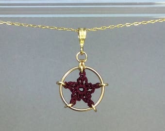 Stars, maroon silk necklace, 14K gold-filled