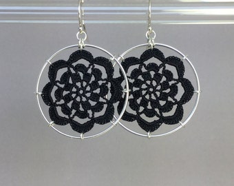 Serendipity doily earrings, black silk thread, sterling silver
