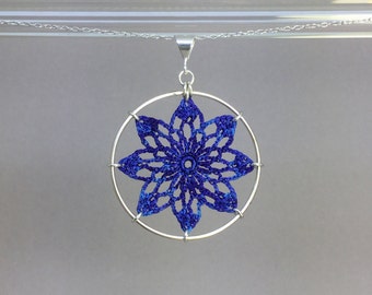 Tavita doily necklace, blue hand-dyed silk thread, sterling silver