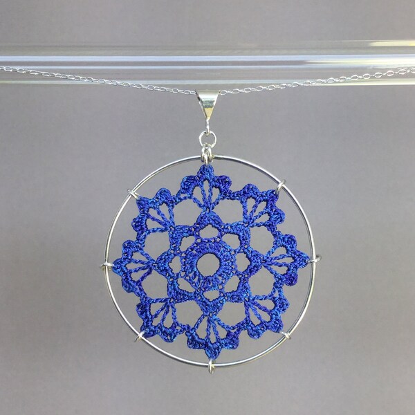 Scallops doily necklace, blue hand-dyed silk thread, sterling silver