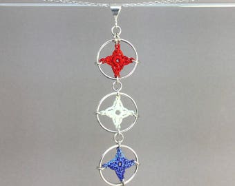 Spangles, red white and blue silk necklace, sterling silver