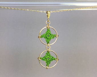 Spangles, parrot green silk necklace, 14K gold-filled