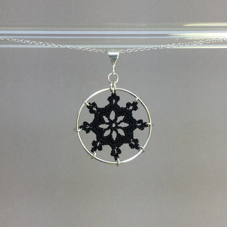 Nautical doily necklace, black silk thread, sterling silver image 1