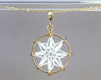 Compass Rose doily necklace, white silk thread, 14K gold-filled