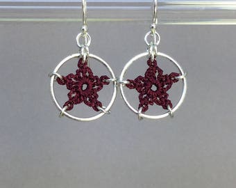 Stars, maroon silk earrings, sterling silver