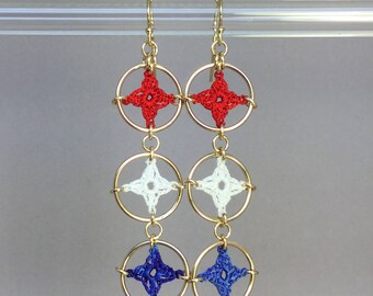 Spangles, red white and blue silk earrings, 14K gold-filled