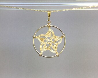 Pinwheel Star doily necklace, French vanilla hand-dyed silk thread, 14K gold-filled