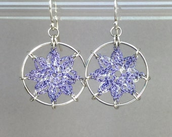 Compass Rose doily earrings, lilac hand-dyed silk thread, sterling silver