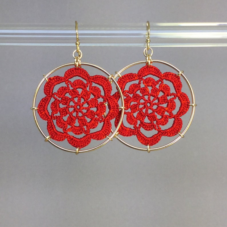 Serendipity doily earrings, red hand-dyed silk thread, 14K gold-filled image 1