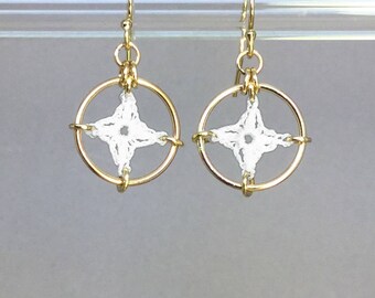 Spangles, white silk earrings, 14K gold-filled