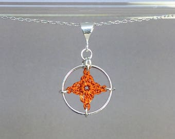 Spangles, orange silk necklace, sterling silver