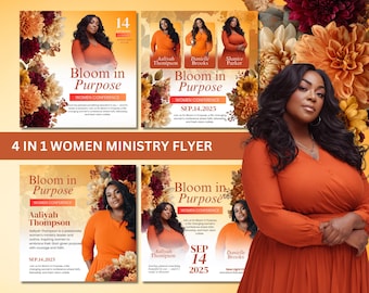 May include: A promotional flyer for a women's conference titled "Bloom in Purpose." The flyer features images of women, floral arrangements, and the conference details, including the date, September 14, 2025.