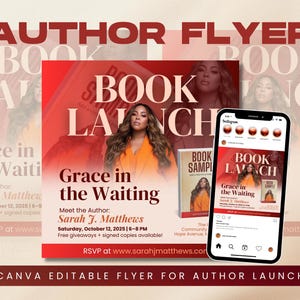 May include: A promotional flyer for an author's book launch, featuring a woman in an orange top. The flyer includes the text "Grace in the Waiting" and details about the event, including the author's name and date.