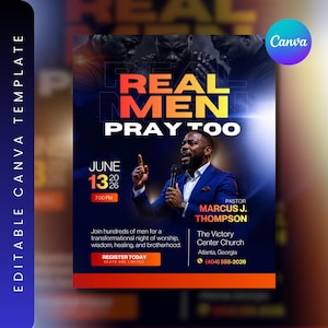 Może przedstawiać: Plakat promocyjny z napisem "REAL MEN PRAY TOO" w kolorze pomarańczowym i żółtym. Plakat przedstawia mężczyznę mówiącego do mikrofonu, z datą 13 czerwca 2026 r. i godziną 19:00. Plakat zawiera również nazwisko "MARCUS J. THOMPSON" i dane kontaktowe kościoła.