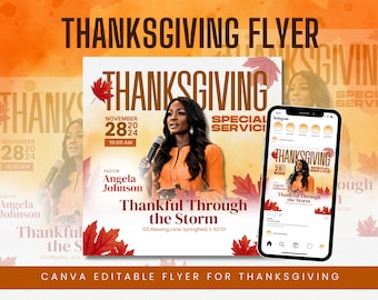 Thanksgiving Church Service Flyer Template | Editable Canva Design | Fall Worship Event Invitation
