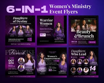 May include: A collection of six Women's Ministry event flyers in shades of purple and white. Each flyer features images of women and event details, including dates, times, and locations. The flyers promote events like "Daughters of Destiny" and "Beauty & Brunch."