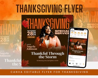 Thanksgiving Church Service Flyer Template | Editable Canva Design | Fall Worship Event Invitation