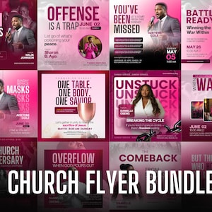 Könnte beinhalten: Eine Collage aus neun pinkfarbenen und weißen Kirchenflyern mit verschiedenen Botschaften und Daten. Die Flyer zeigen Bilder von Menschen, die an einem Podium sprechen, einen Tisch mit einem goldenen Kelch und eine Person mit erhobenen Händen zum Gebet. Der Text auf den Flyern enthält Sätze wie "Glaube vor Gefühlen", "Beleidigung ist eine Falle", "Du wurdest vermisst", "Kampfbereit", "Ein Tisch. Ein Körper. Ein Retter", "Entklemmt", "Wenn Warten sich verschwendet anfühlt", "10. Kirchenjubiläum", "Überlauf", "Das Comeback" und "Aber die, die auf den Herrn hoffen, werden niemals zu Schanden gemacht".
