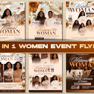 May include: A digital template set featuring six distinct event flyer designs for a Virtuous Woman conference. Each flyer includes floral accents, neutral colour palettes, and placeholder text for event dates, locations, and speaker names.