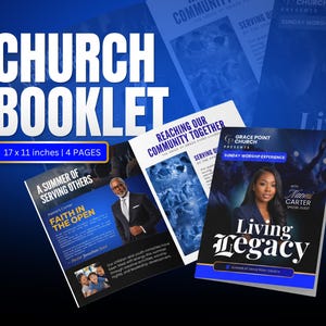 May include: A 17 x 11 inches, 4-page church booklet featuring blue and black graphic designs. The cover displays the text Living Legacy, Grace Point Church, and Naomi Carter. Additional pages show Pastor Jonathan Ford and the text A Summer of Serving Others.