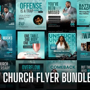 May include: A bundle of teal and black church flyers, each advertising different events with dates and speakers. The flyers include images, text, and graphics. The words "CHURCH FLYER BUNDLE" are displayed.