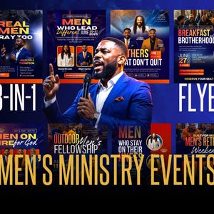 Op de afbeelding: Een collage van flyers voor evenementen van de mannenbediening. De flyers bevatten afbeeldingen van mannen, evenementdata en titels als "Real Men Pray Too" en "Breakfast with Brotherhood". De tekst "Men's Ministry Events" is prominent aanwezig.
