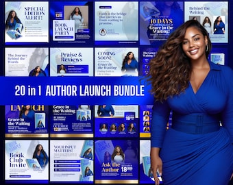 20-in-1 Editable Author Launch Bundle | Customizable Canva Templates | Book Launch Promo Graphics Blue