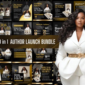 May include: A promotional bundle for an author's book launch, featuring a woman in a white suit. The image includes various promotional materials with text like "Grace in the Waiting" and "Book Launch Party."
