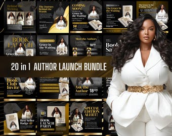 May include: A promotional bundle for an author's book launch, featuring a woman in a white suit. The image includes various promotional materials with text like "Grace in the Waiting" and "Book Launch Party."