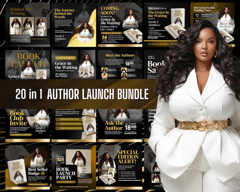 20-in-1 Editable Author Launch Bundle | Customizable Canva Templates | Book Launch Promo Graphics Gold and Black