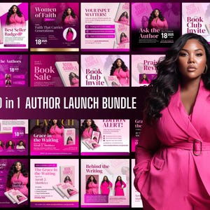 May include: A collection of 20 promotional graphics for an author launch bundle. The graphics feature a woman in a pink suit, book covers, and text such as "Book Sale" and "Ask the Author." The overall color scheme is pink and purple.