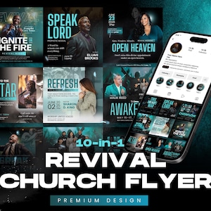May include: A digital design for a 10-in-1 Revival Church Flyer. The design includes multiple event flyers with images and text, such as "Ignite the Fire" and "Speak Lord." A smartphone displays the flyer designs.