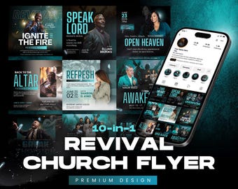 10-in-1 Revival Church Flyer Bundle | Editable Canva Templates | Teal & Black Theme
