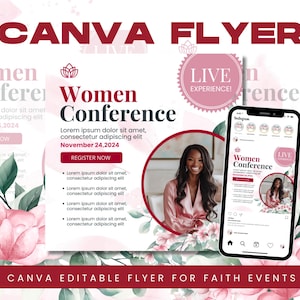 Women in Faith Conference Flyer Canva Template | Pink Floral Church Event Invitation Design