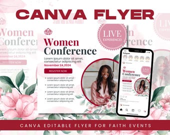 Plantilla de Canva para volante de la Conferencia de Mujeres en la Fe / Diseño de invitación a evento religioso con flores rosas