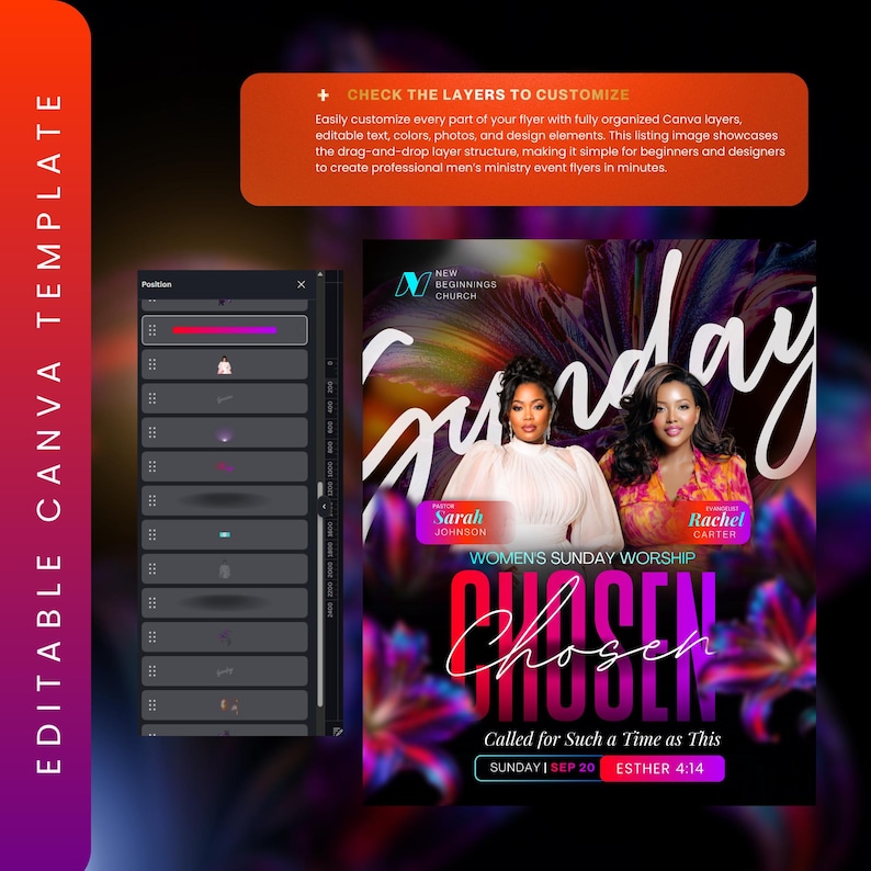 May include: A digital flyer template for a church event featuring two individuals, floral graphics, and text including Sunday, Women's Sunday Worship, Chosen, Called for Such a Time as This, Sunday Sep 20, and Esther 4:14, with a layer customization panel.