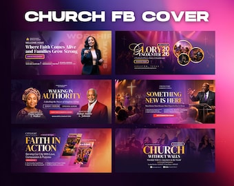 May include: A collection of church-themed Facebook cover designs. Each design features text and images related to church events, sermons, and community outreach. The designs use a vibrant color palette with gradients and photos.