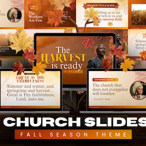 Op de afbeelding: Een digitale presentatie op een laptop en computerschermen met een herfstthema. De schermen tonen tekst en afbeeldingen met herfstbladeren. De tekst bevat de woorden "Church Slides" en "The Harvest is Ready."