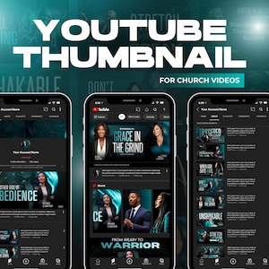 Puede incluir: Diseño gráfico digital para miniaturas de YouTube, con tres teléfonos inteligentes que muestran interfaces de video de YouTube. El texto "YOUTUBE THUMBNAIL FOR CHURCH VIDEOS" se muestra de forma destacada. Las miniaturas muestran varios títulos e imágenes de video.