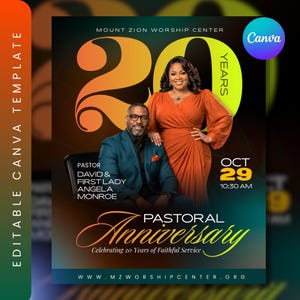 Könnte beinhalten: Ein digitaler Flyer für das Mount Zion Worship Center mit einem Mann im blaugrünen Anzug und einer Frau im rostfarbenen Kleid. Der Text enthält 20 Years, Pastor David & First Lady Angela Monroe, Oct 29, 10:30 AM, Pastoral Anniversary und Celebrating 20 Years of Faithful Service.