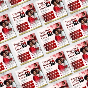 May include: A Valentine's Day couples summit flyer with a pink and white background featuring a couple in red clothing. The flyer says "Together in His Love: A Valentine's Couples Summit".