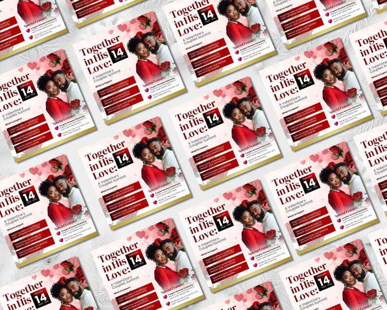 May include: A Valentine's Day couples summit flyer with a pink and white background featuring a couple in red clothing. The flyer says "Together in His Love: A Valentine's Couples Summit".