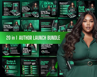 20-in-1 Editable Author Launch Bundle | Customizable Canva Templates | Book Launch Promo Graphics Green Theme