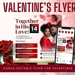 May include: A Valentine's Day flyer with a red and white color scheme. The flyer advertises a "Together in His Love" couples summit on February 14th from 8 AM to 5 PM. The flyer includes details about the summit, such as inspiring talks, interactive workshops, and special prayer and worship sessions for couples.